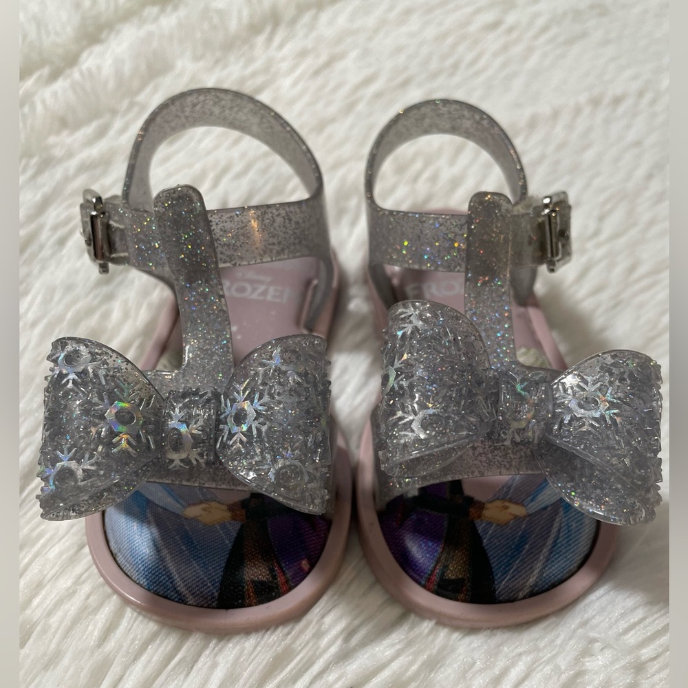Mini Melissa x DISNEY Frozen Toddler Girl 6 Elsa Anna Glitter Bow Jelly Sandals